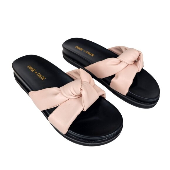 Chase And Chloe Camille-1 Nude Bow Slide Sandals Puffy Knot Women 10 - Picture 1 of 16